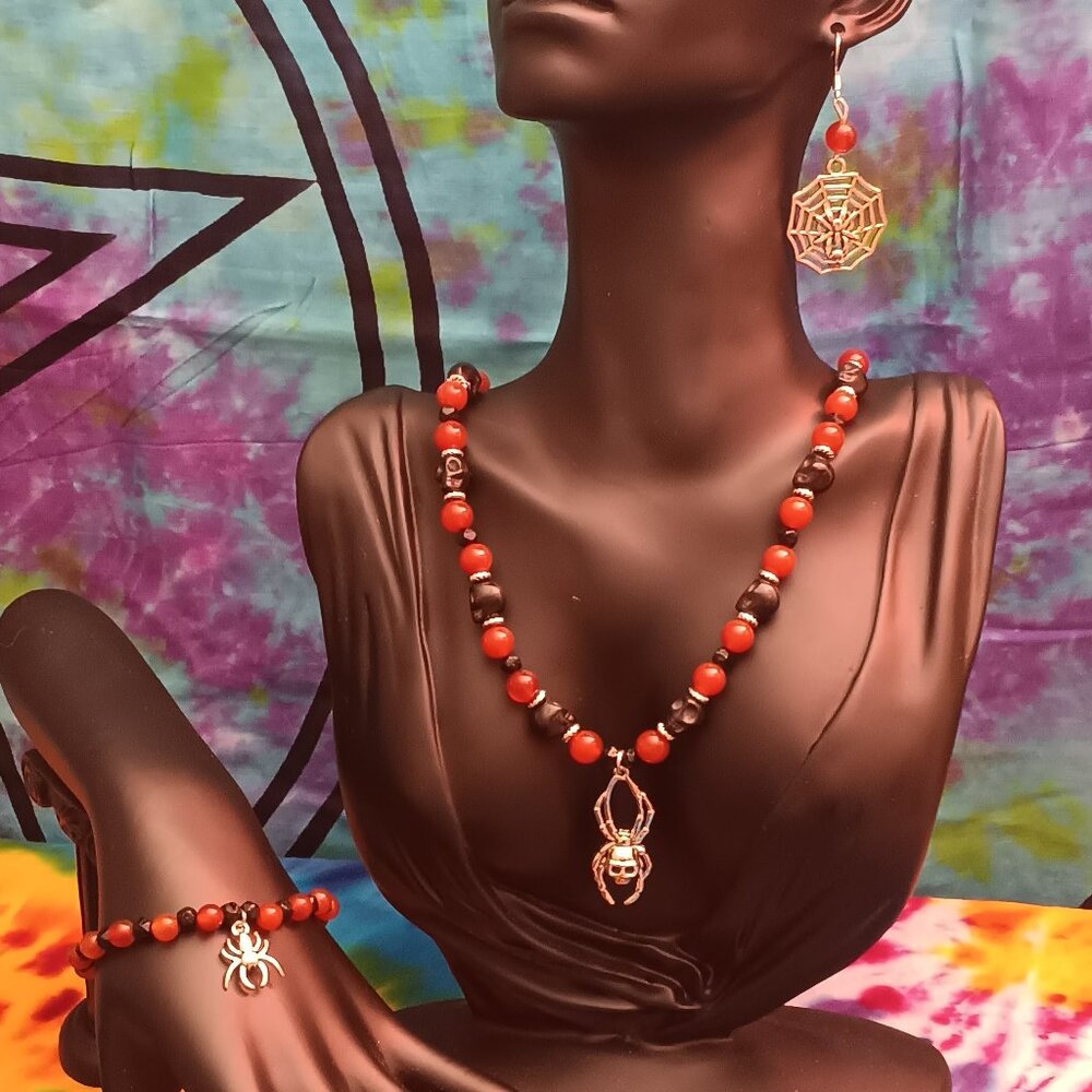 Handmade Spider Skull Carnelian Jewelry Set